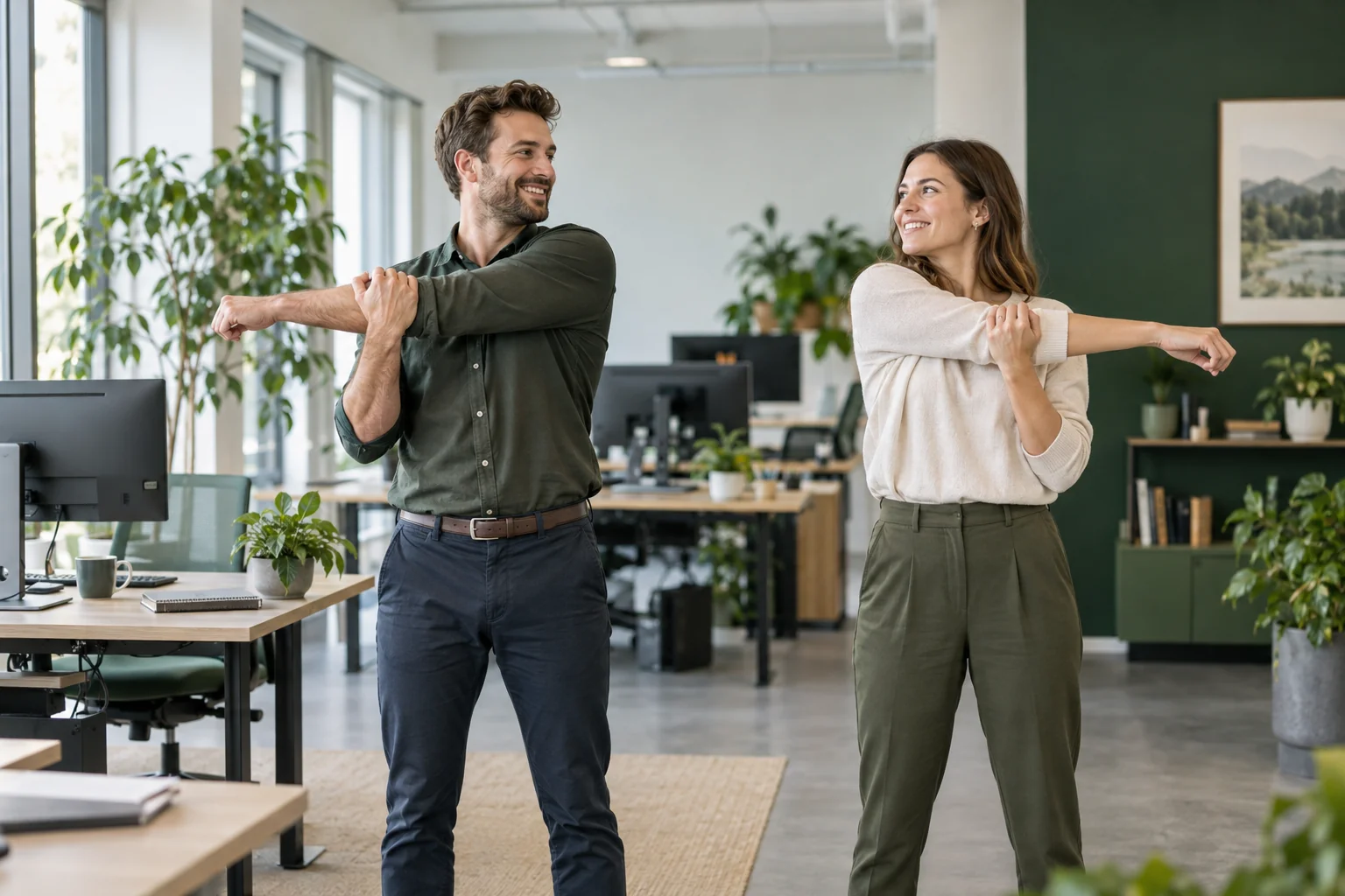 Kollegen machen eine kurze Bewegungspause im Büro